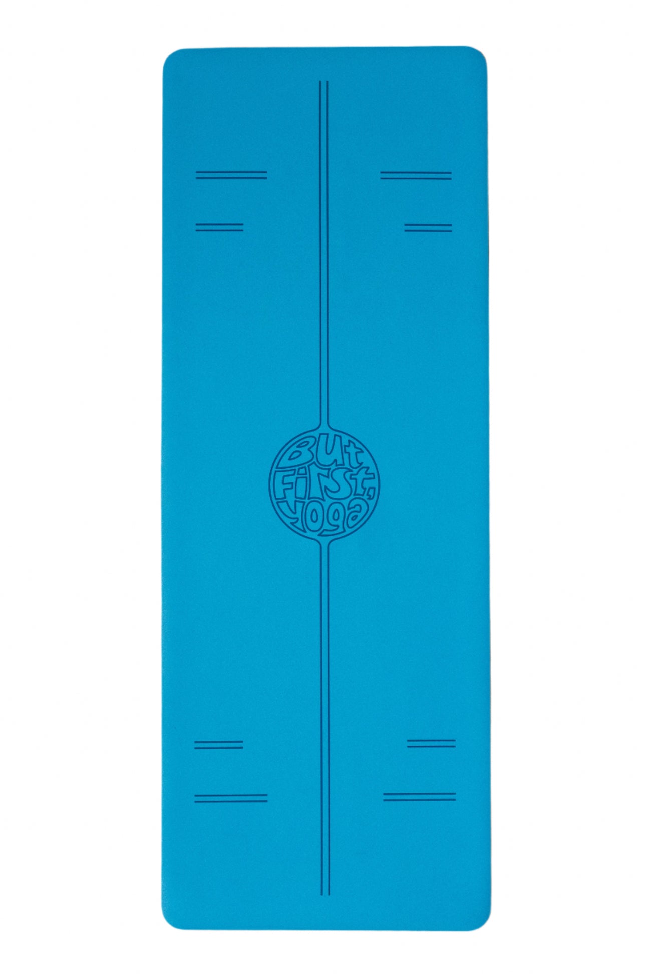 Full view from above of natural rubber yoga mat from 'but first, yoga' in blue.